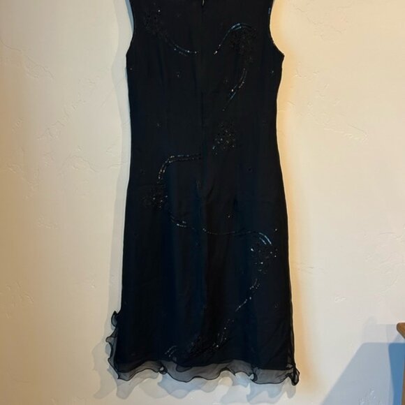 Anopia Italian Silk Y2K Sequined Embroidered Black Midi Dress Ruffle Hem Size 10 - Picture 4 of 7